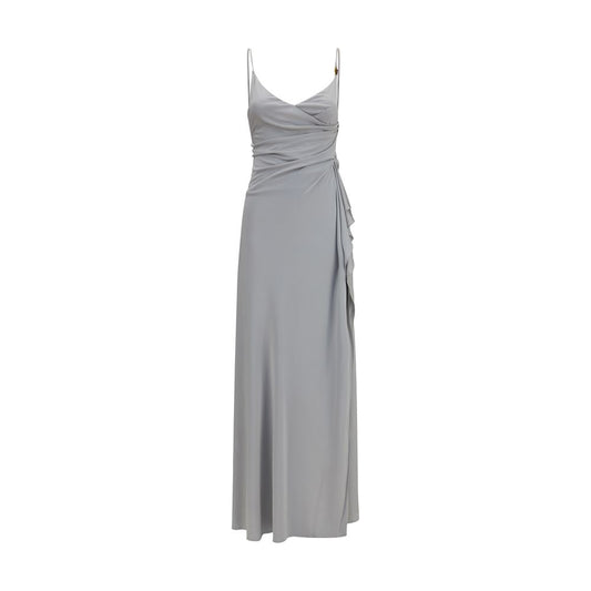 Dress by Versace for women in viscose gray & signature features a dramatic silhouette, showcasing an elegant v-neck neckline and sleeveless that flows into a dramatic long.