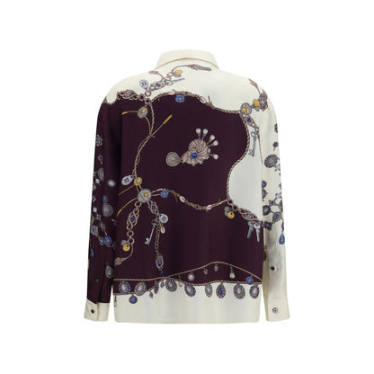 Shirt by Versace for women in silk multicolor, pearl & patterned showcases a sharp silhouette, elegantly detailed with a sharp and sharp .