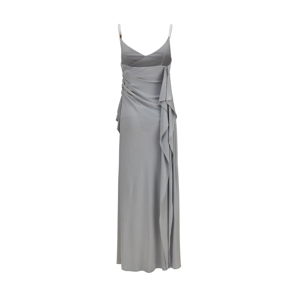 Dress by Versace for women in viscose gray & signature features an cute silhouette, detailed with a and v-neck neckline that elegantly flows into a cute long.