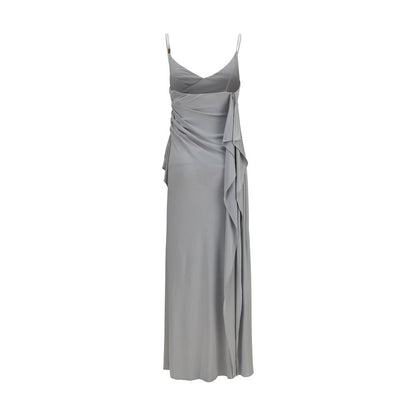 Dress by Versace for women in viscose gray & signature features an cute silhouette, detailed with a and v-neck neckline that elegantly flows into a cute long.
