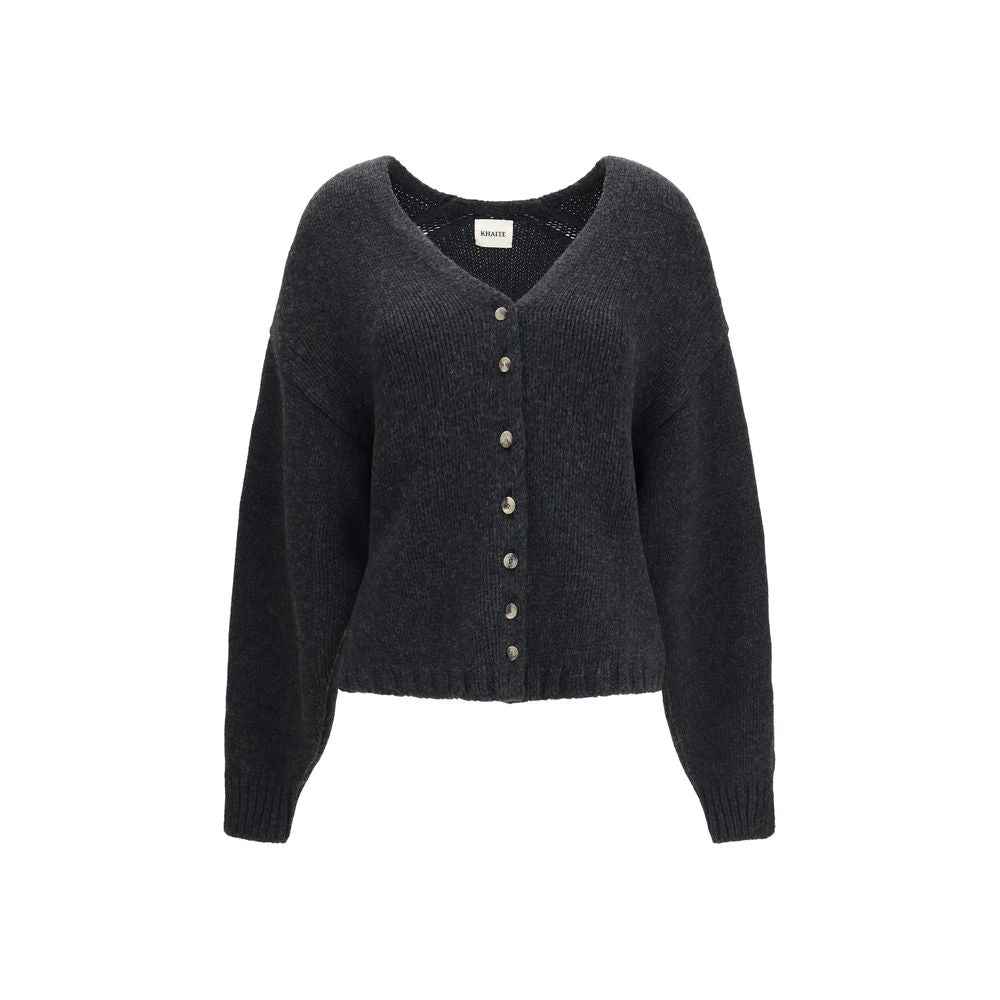 Cardigan by Khaite for women in cashmere & capra leather gray features an crisp silhouette, showcasing a sophisticated v-neck neckline and detail for a truly crisp finish.