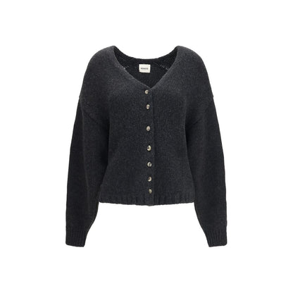 Cardigan by Khaite for women in cashmere & capra leather gray features an crisp silhouette, showcasing a sophisticated v-neck neckline and detail for a truly crisp finish.