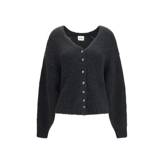 Cardigan by Khaite for women in cashmere & capra leather gray features an crisp silhouette, showcasing a sophisticated v-neck neckline and detail for a truly crisp finish.