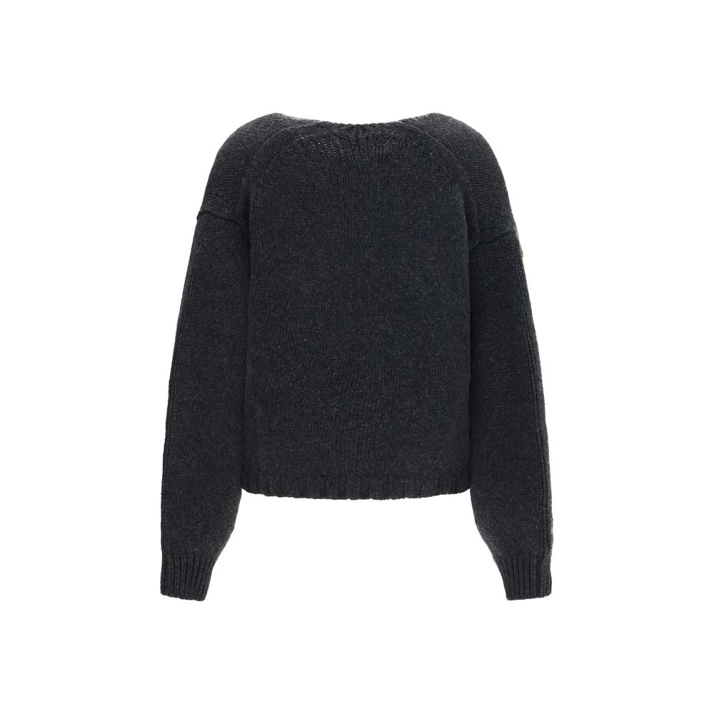 Cardigan by Khaite for women in cashmere & capra leather gray showcases a luxurious silhouette, meticulously detailed with a sophisticated v-neck neckline and for a refined finish.