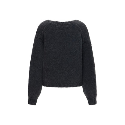 Cardigan by Khaite for women in cashmere & capra leather gray showcases a luxurious silhouette, meticulously detailed with a sophisticated v-neck neckline and for a refined finish.