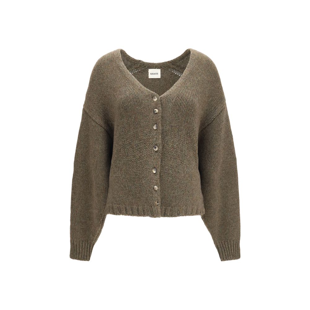 Cardigan by Khaite for women in cashmere & capra leather bicolour features an impeccable silhouette, showcasing a sophisticated v-neck neckline and detail for a truly impeccable finish.
