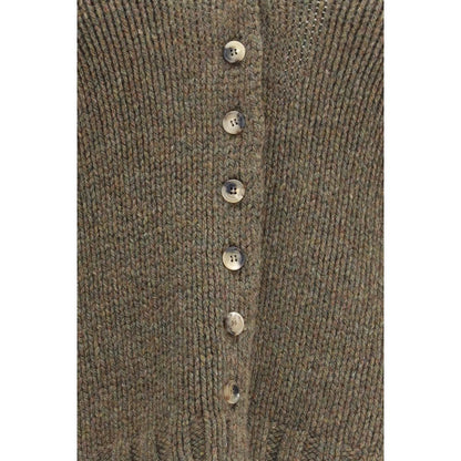 Cardigan by Khaite for women in cashmere & capra leather bicolour features a dramatic silhouette, showcasing a sophisticated and dramatic detail for a timeless, premium look.