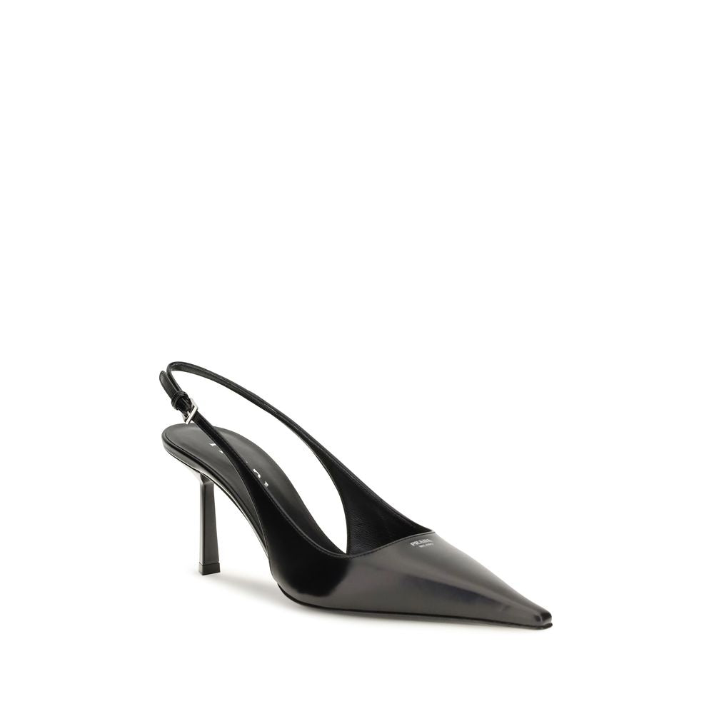 High-Heel Stiletto Slingback Pumps Heels by Prada for women in bos taurus calf leather black features an captivating silhouette, showcasing the elegant Women's Bos Taurus Calf Leather High-Heel Stiletto Slingback Pumps Heels design with a stiletto high-heel and a sophisticated pointed toe style.