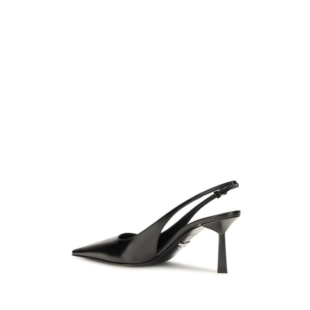 High-Heel Stiletto Slingback Pumps Heels by Prada for women in bos taurus calf leather black showcases a exquisite silhouette, perfectly accentuating Women's Bos Taurus Calf Leather High-Heel Stiletto Slingback Pumps Heels with a exquisite stiletto high-heel and exquisite pointed toe style.