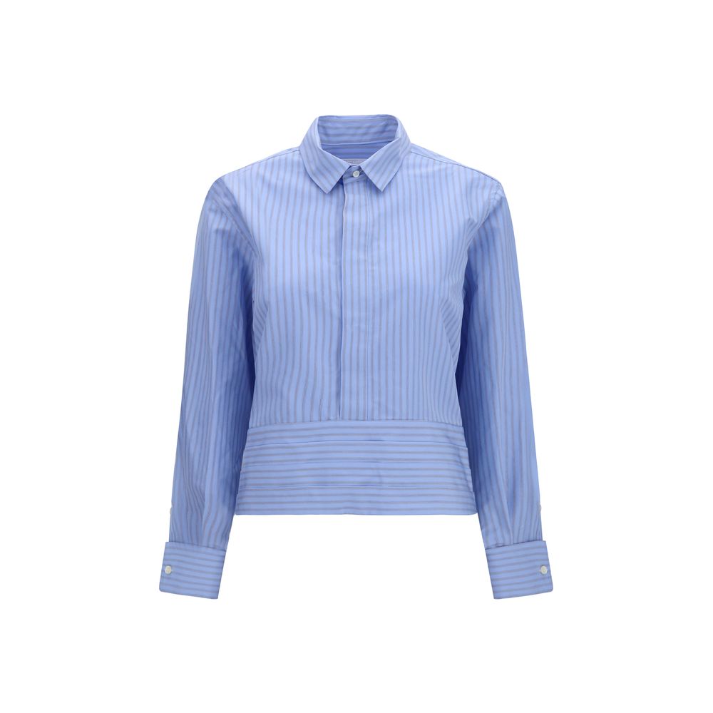 Shirt by Sacai for women in cotton polyester blue, patterned & striped showcases a sharp silhouette, elegantly detailed with a sharp and sharp long-sleeve.