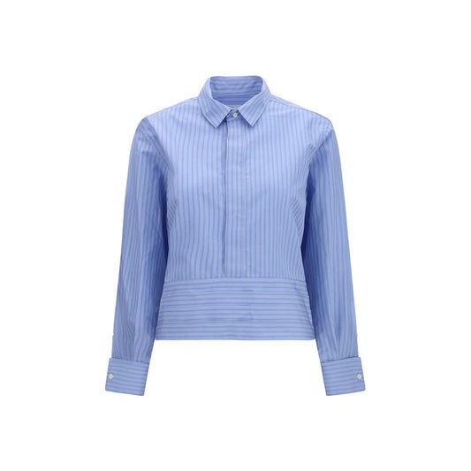 Shirt by Sacai for women in cotton polyester blue, patterned & striped showcases a sharp silhouette, elegantly detailed with a sharp and sharp long-sleeve.