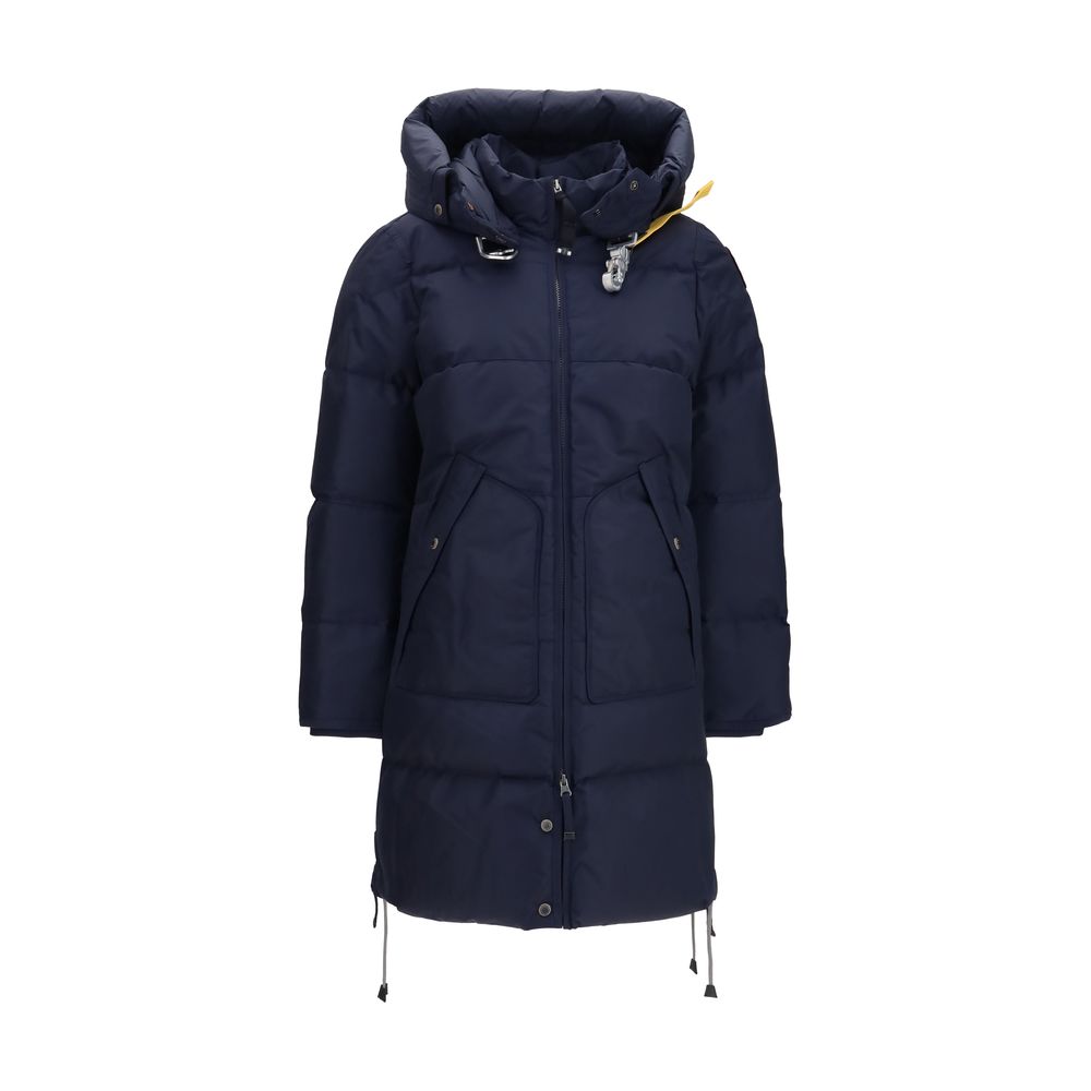 Puffer Jacket by Parajumpers for women in nylon duck & goose down blue & signature features a dramatic silhouette, showcasing a sophisticated hooded high-collar neckline and distinctive pockets, hooded & insulated for a dramatic aesthetic.