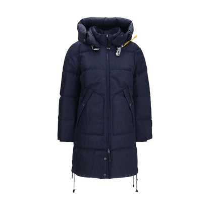 Puffer Jacket by Parajumpers for women in nylon duck & goose down blue & signature features a dramatic silhouette, showcasing a sophisticated hooded high-collar neckline and distinctive pockets, hooded & insulated for a dramatic aesthetic.
