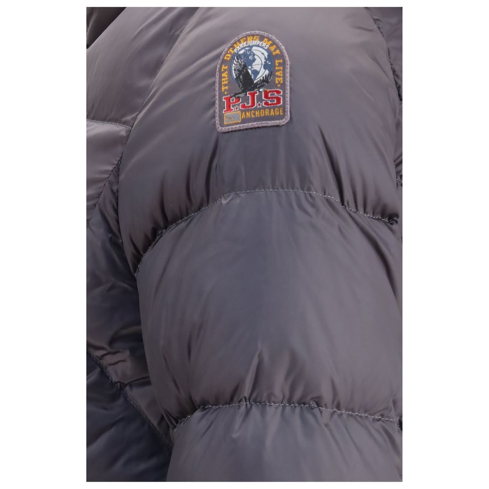 Hooded Puffer Jacket by Parajumpers for women in nylon polyester duck & goose down gray features a dramatic silhouette, showcasing a sophisticated hooded neckline and distinctive pockets, hooded & insulated for a dramatic aesthetic.