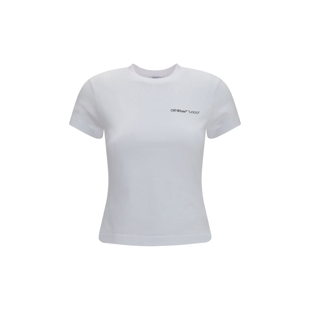 T-Shirt by Off-White for women in stretch cotton white & print showcases a fashionable silhouette, elegantly detailed with a fashionable short-sleeve and crew neckline for a sophisticated, high-fashion look.