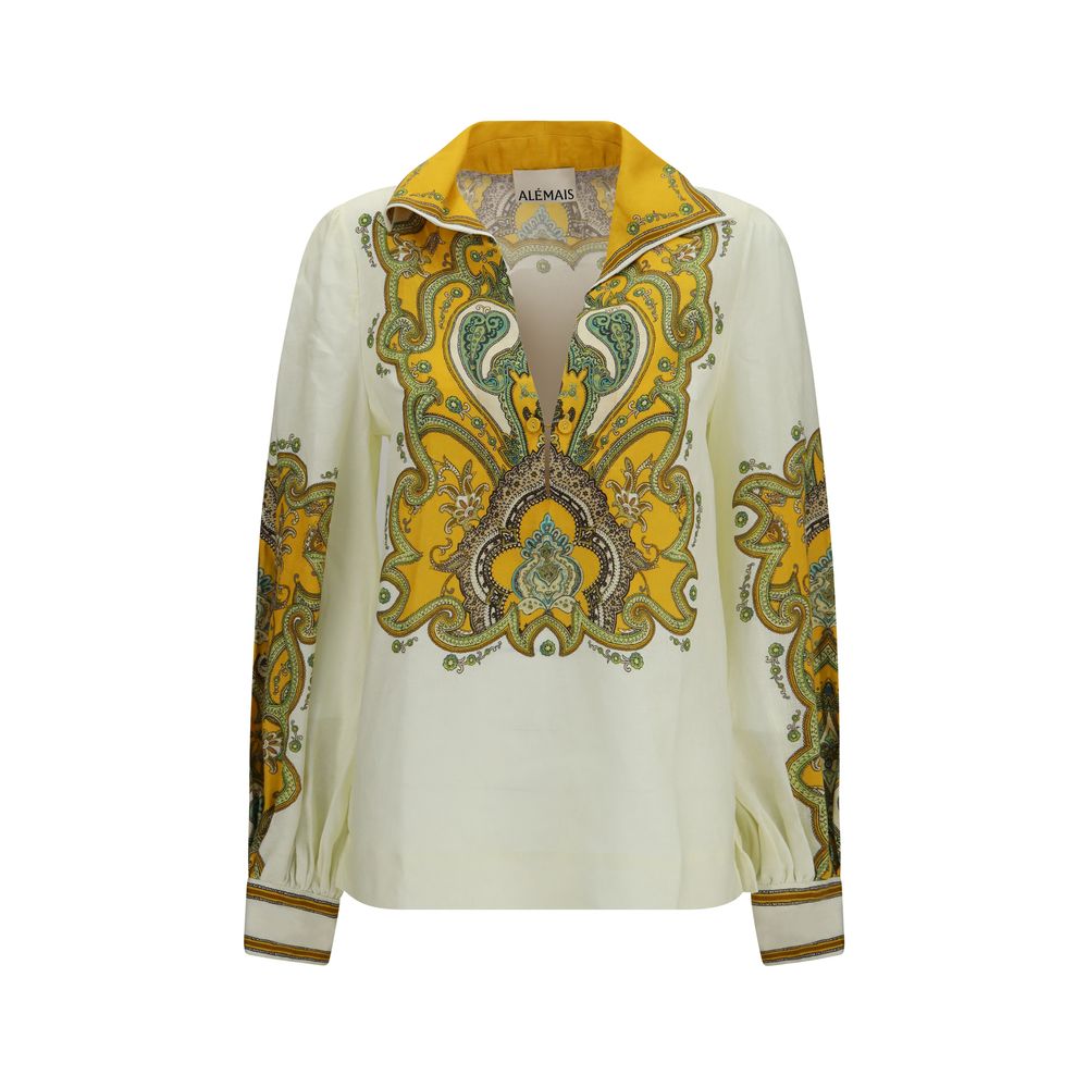 Shirt by Alemais for women in linen beige, patterned & print showcases a sharp silhouette, elegantly detailed with a sharp v-neck neckline and sharp long-sleeve.