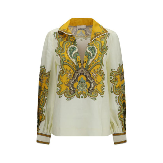 Shirt by Alemais for women in linen beige, patterned & print showcases a sharp silhouette, elegantly detailed with a sharp v-neck neckline and sharp long-sleeve.