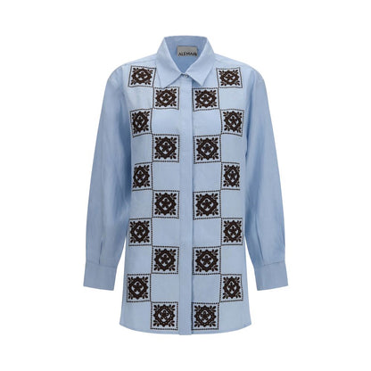 Shirt by Alemais for women in linen blue, patterned, checked & print, featuring a nuanced short-sleeve and nuanced for a sophisticated finish.