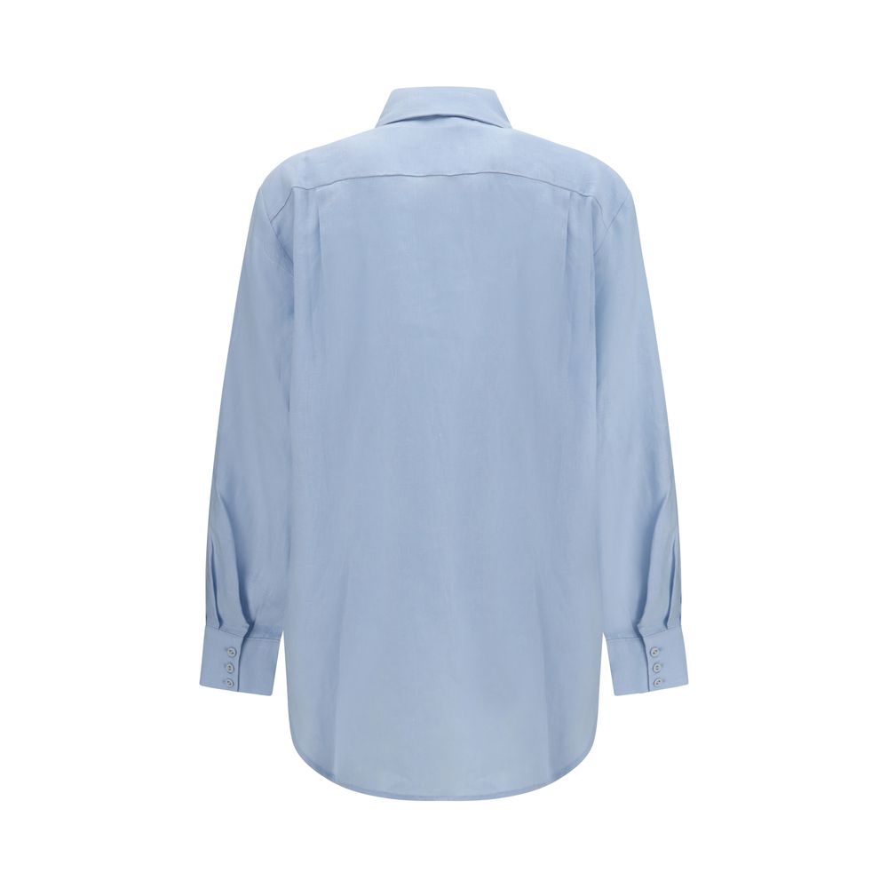 Shirt by Alemais for women in linen blue, patterned, checked & print showcases a sharp silhouette, elegantly detailed with a sharp and sharp .