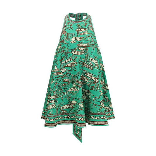 Dress by Alemais for women in linen bicolour & patterned showcases a striking silhouette, elegantly detailed with a sleeveless, refined , and a striking short mini for a striking finish.