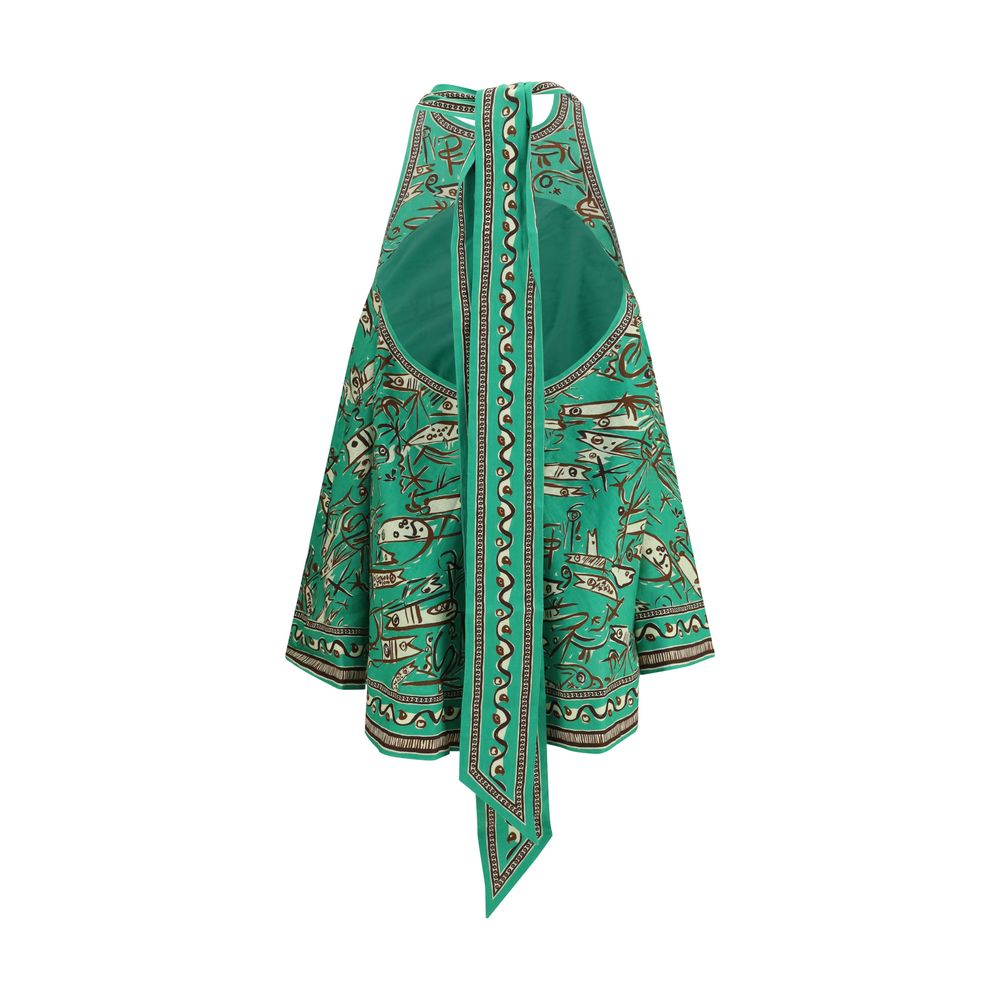 Dress by Alemais for women in linen bicolour & patterned features an sultry silhouette defined by a and , falling to an sultry short mini for a sultry look.