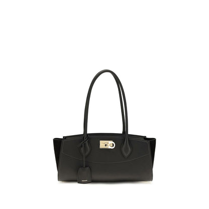 East West Shoulder Bag by Ferragamo for women in bos taurus suede calf leather black & signature showcases a enviable silhouette, artfully detailed with a secure buckle, organized external-pockets, and versatile shoulder-strap & handle for a enviable look.