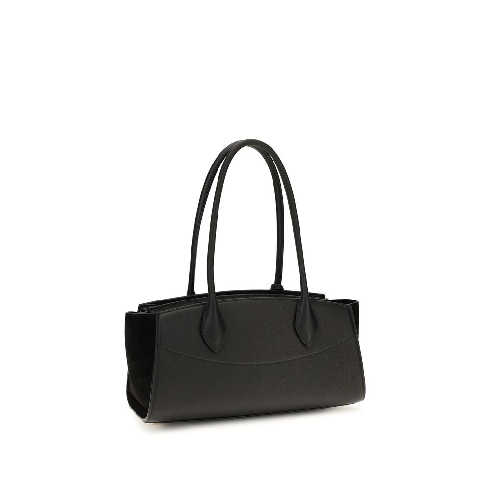 East West Shoulder Bag by Ferragamo for women in bos taurus suede calf leather black & signature features a effortless chic silhouette with a secure buckle, ample external-pockets, and versatile shoulder-strap & handle for a effortless chic finish.