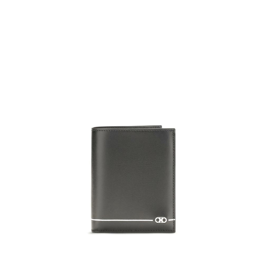 Cardholder Wallet by Ferragamo for men in bos taurus calfskin leather black & silver showcases a discerning silhouette, artfully capturing the essence of Gancini Bos Taurus Calfskin Leather Cardholder Wallet with its functional card-organization compact-design bifold.