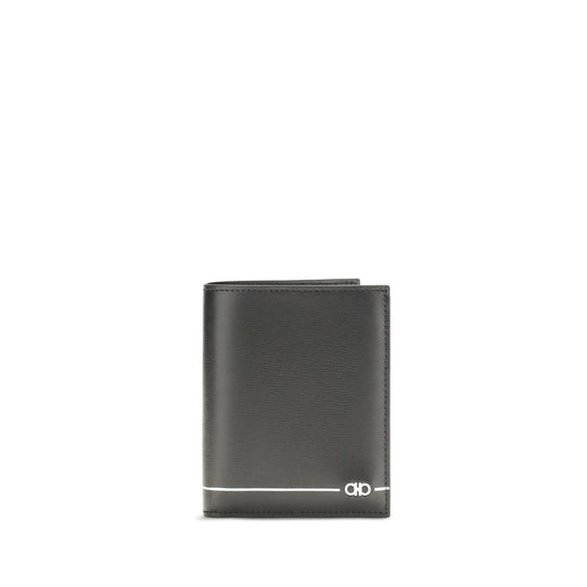 Cardholder Wallet by Ferragamo for men in bos taurus calfskin leather black & silver showcases a discerning silhouette, artfully capturing the essence of Gancini Bos Taurus Calfskin Leather Cardholder Wallet with its functional card-organization compact-design bifold.