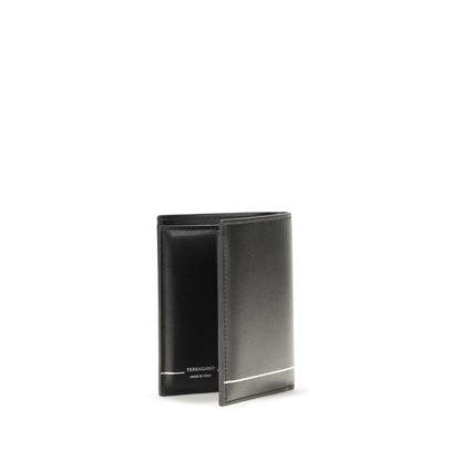 Cardholder Wallet by Ferragamo for men in bos taurus calfskin leather black & silver presents a refined silhouette, artfully capturing the essence of the Gancini Bos Taurus Calfskin Leather Cardholder Wallet design with sophisticated card-organization compact-design bifold for a refined look.