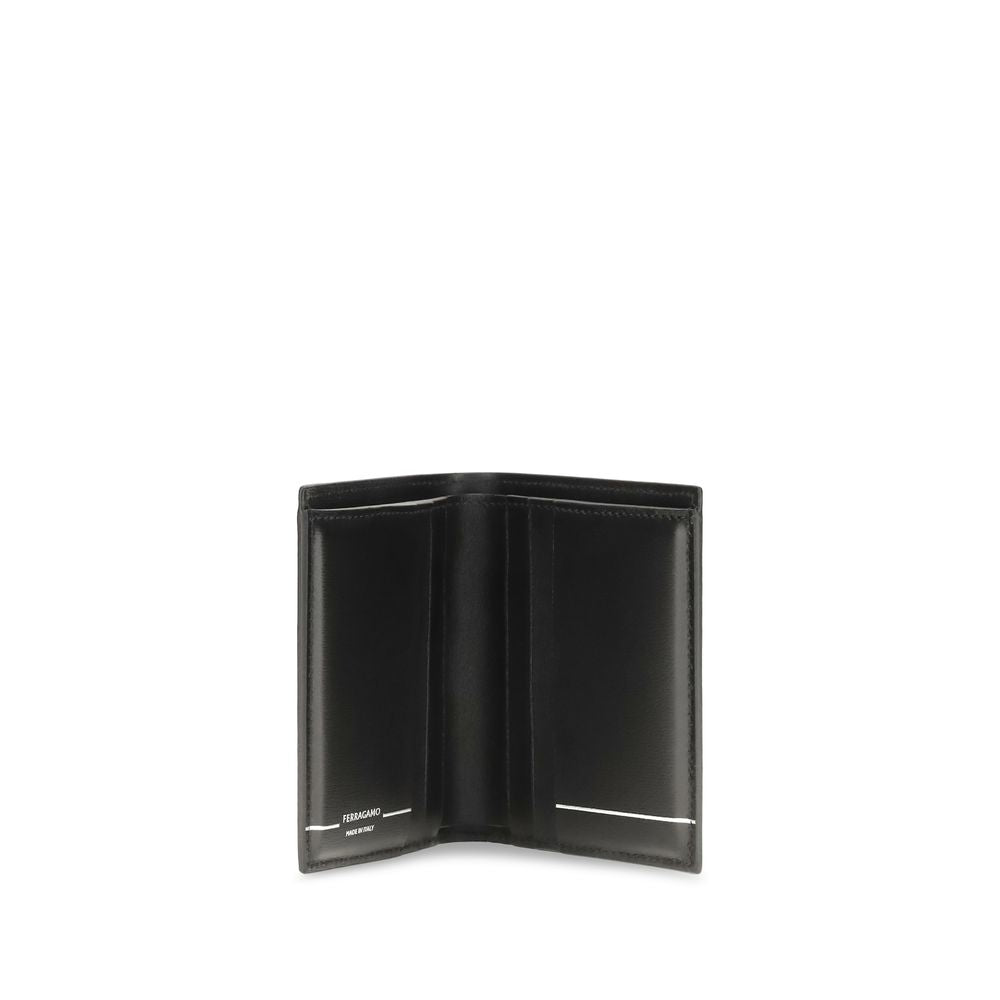 Cardholder Wallet by Ferragamo for men in bos taurus calfskin leather black & silver showcases a enchanting silhouette, artfully detailed with the signature style of the Gancini Bos Taurus Calfskin Leather Cardholder Wallet and functional card-organization compact-design bifold.