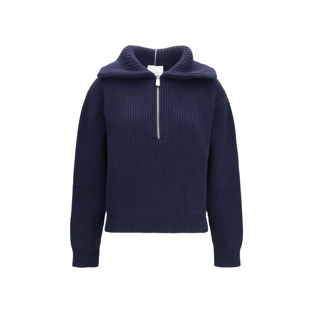 Sweater by Malo for women in cashmere & capra leather blue showcases a discreet silhouette, finished with a discreet high-neck neckline and long-sleeve; three-quarter-sleeve for a discreet look.