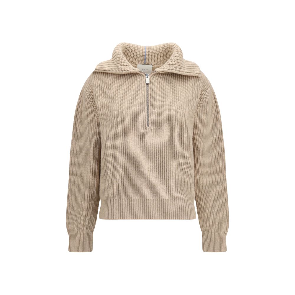 Sweater by Malo for women in cashmere & capra leather beige features an tactile silhouette, showcasing a sophisticated high-neck neckline and tactile long-sleeve; three-quarter-sleeve for a refined finish.