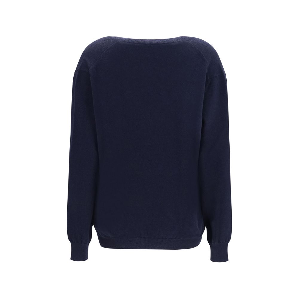 This Sweater by Malo for women in cashmere & capra leather blue presents a understated silhouette, featuring a sophisticated v-neck neckline and for a understated finish.