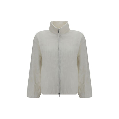 Overcoat by Gongdid Design for women in polyester velvet white & striped features a cosy chic silhouette, artfully detailed with a sophisticated high-collar neckline and premium pockets & insulated for a cosy chic finish.