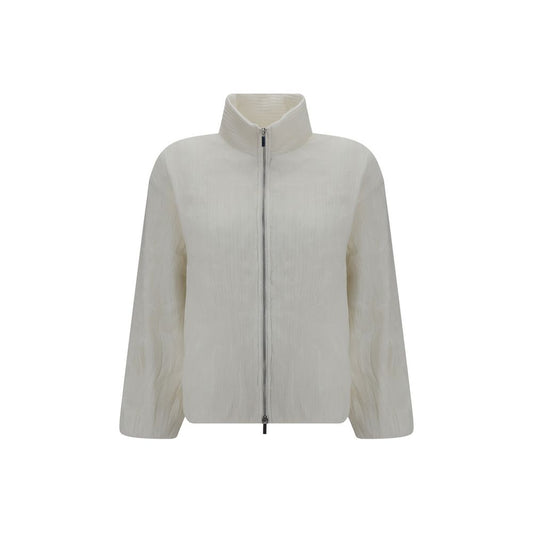 Overcoat by Gongdid Design for women in polyester velvet white & striped features a cosy chic silhouette, artfully detailed with a sophisticated high-collar neckline and premium pockets & insulated for a cosy chic finish.