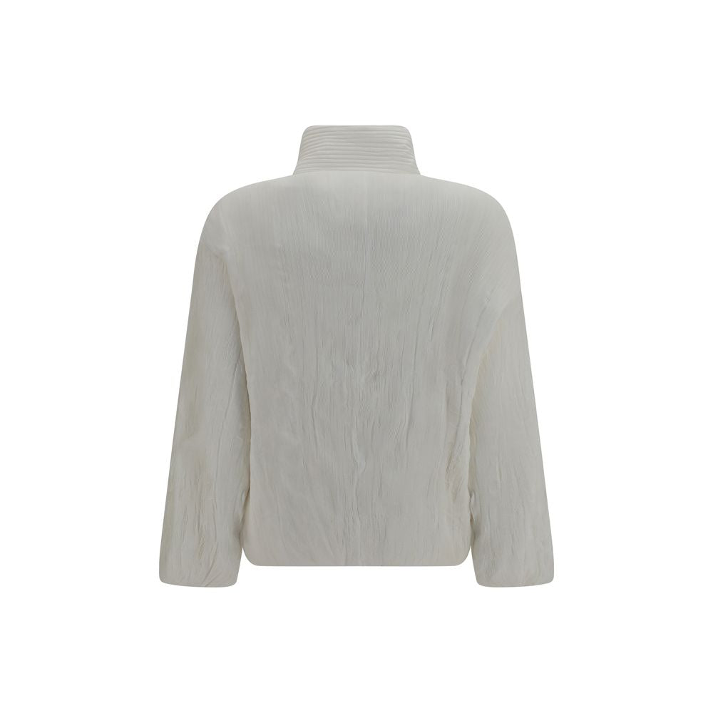 Overcoat by Gongdid Design for women in polyester velvet white & striped features an voluminous silhouette, showcasing distinct pockets & insulated and a voluminous high-collar neckline for a truly voluminous aesthetic.