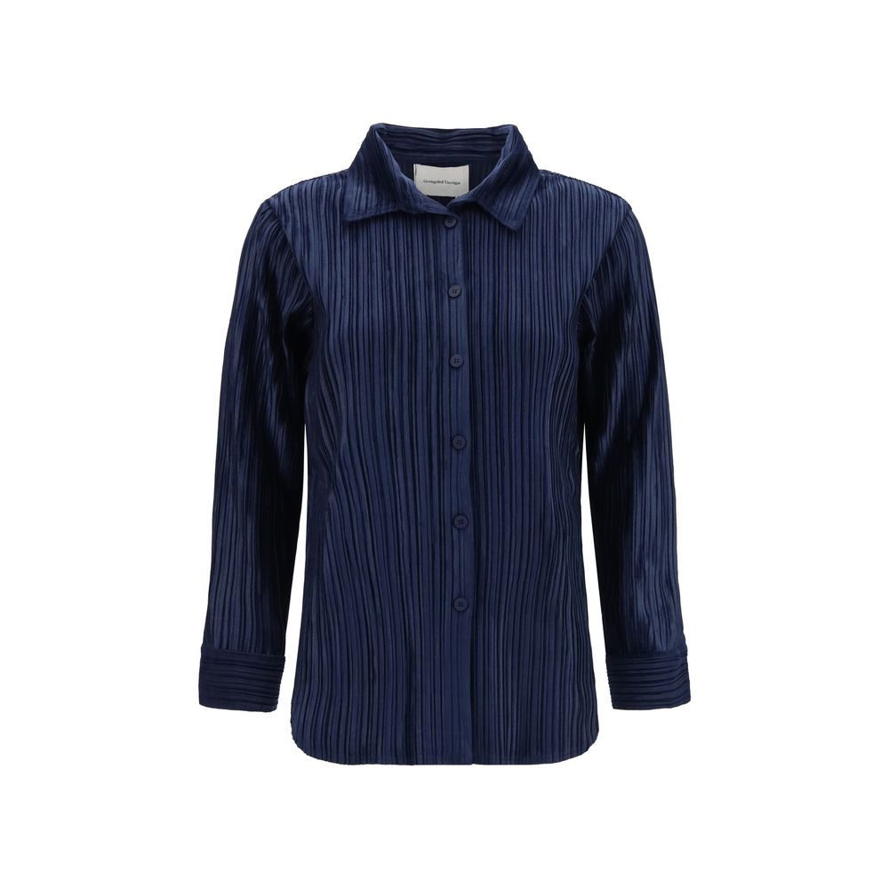 Shirt by Gongdid Design for women in polyester velvet blue & striped showcases a sleek silhouette, elegantly detailed with a sleek and long-sleeve for a sleek finish.