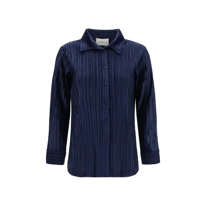 Shirt by Gongdid Design for women in polyester velvet blue & striped showcases a sleek silhouette, elegantly detailed with a sleek and long-sleeve for a sleek finish.