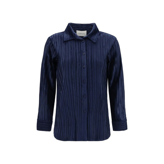 Shirt by Gongdid Design for women in polyester velvet blue & striped showcases a sleek silhouette, elegantly detailed with a sleek and long-sleeve for a sleek finish.