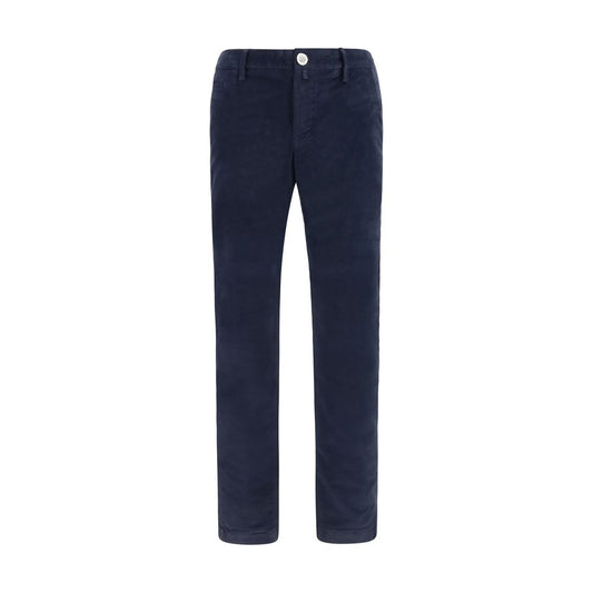 Chinos Pants by Jacob Cohen for men in saffiano leather & cotton blue & monogram, featuring a architectural slim with a architectural long and low rise for a refined silhouette.