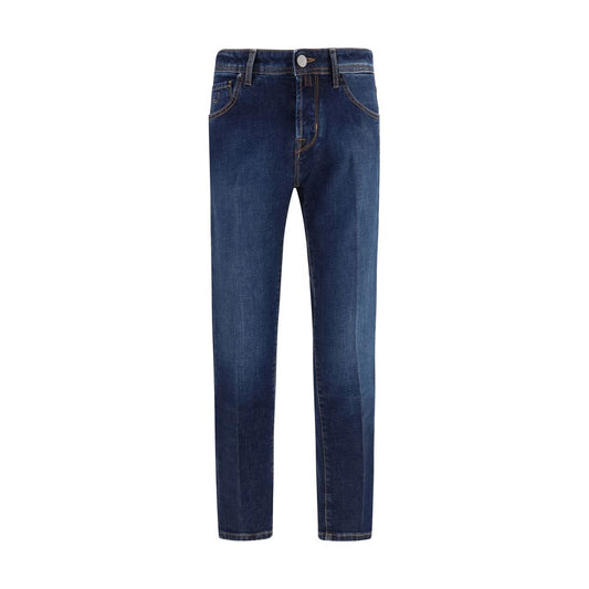 Jeans by Jacob Cohen for men in stretch cotton denim blue, copper & monogram features an refined tailoring silhouette, showcasing a premium tapered-leg, slim & cropped with a and cropped cut for a refined tailoring look.