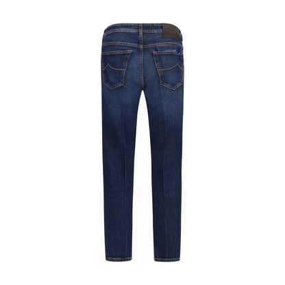 Jeans by Jacob Cohen for men in stretch cotton denim blue, copper & monogram features an sartorial tapered-leg, slim & cropped and cropped with a cut for a sartorial finish.