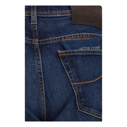 Jeans by Jacob Cohen for men in stretch cotton denim blue, copper & monogram presents a refined pantology silhouette, artfully defined by a refined pantology tapered-leg, slim & cropped, cropped, and a sophisticated .