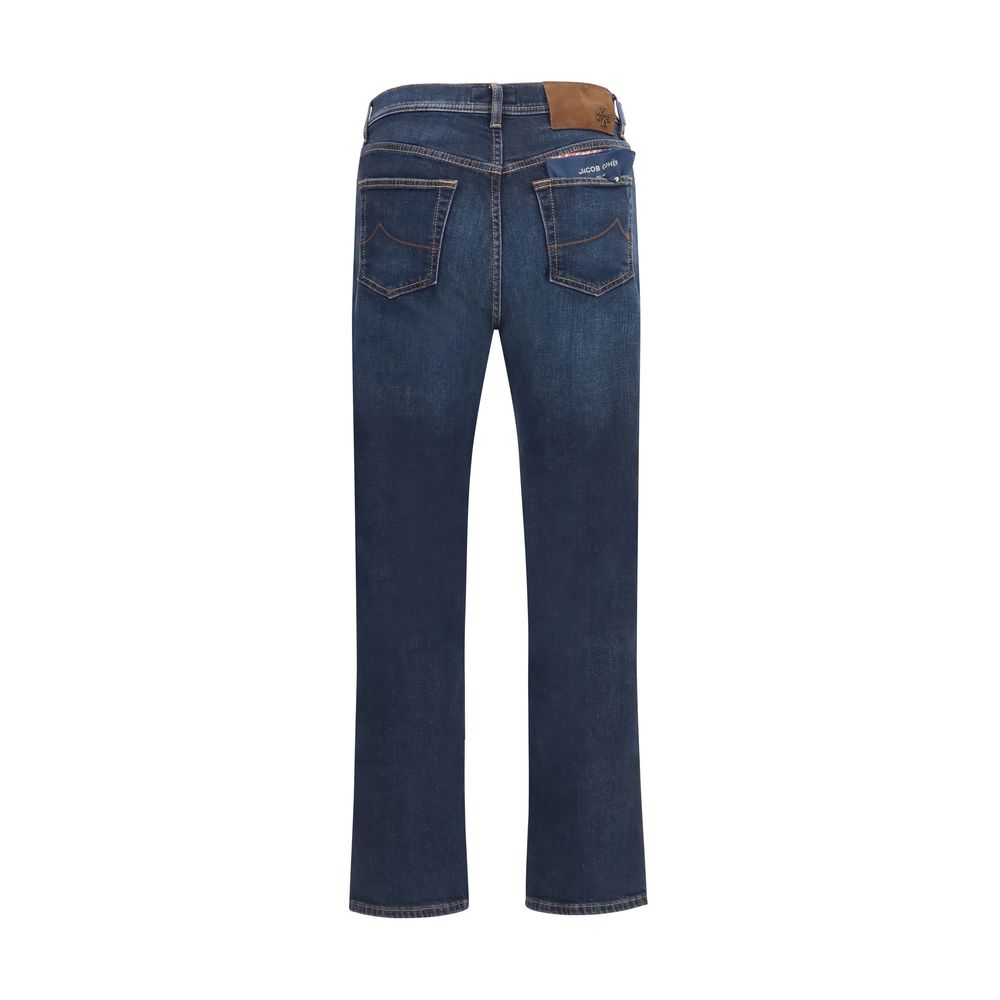 Jeans by Jacob Cohen for men in stretch denim cotton blue & signature presents a tailored silhouette, showcasing a tailored straight-leg & regular-fit and long cut with a refined for a truly tailored aesthetic.