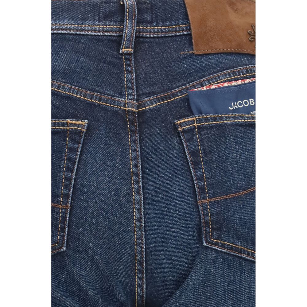 Jeans by Jacob Cohen for men in stretch denim cotton blue & signature presents a tailored silhouette, showcasing a tailored straight-leg & regular-fit and long cut with a refined for a truly tailored aesthetic.