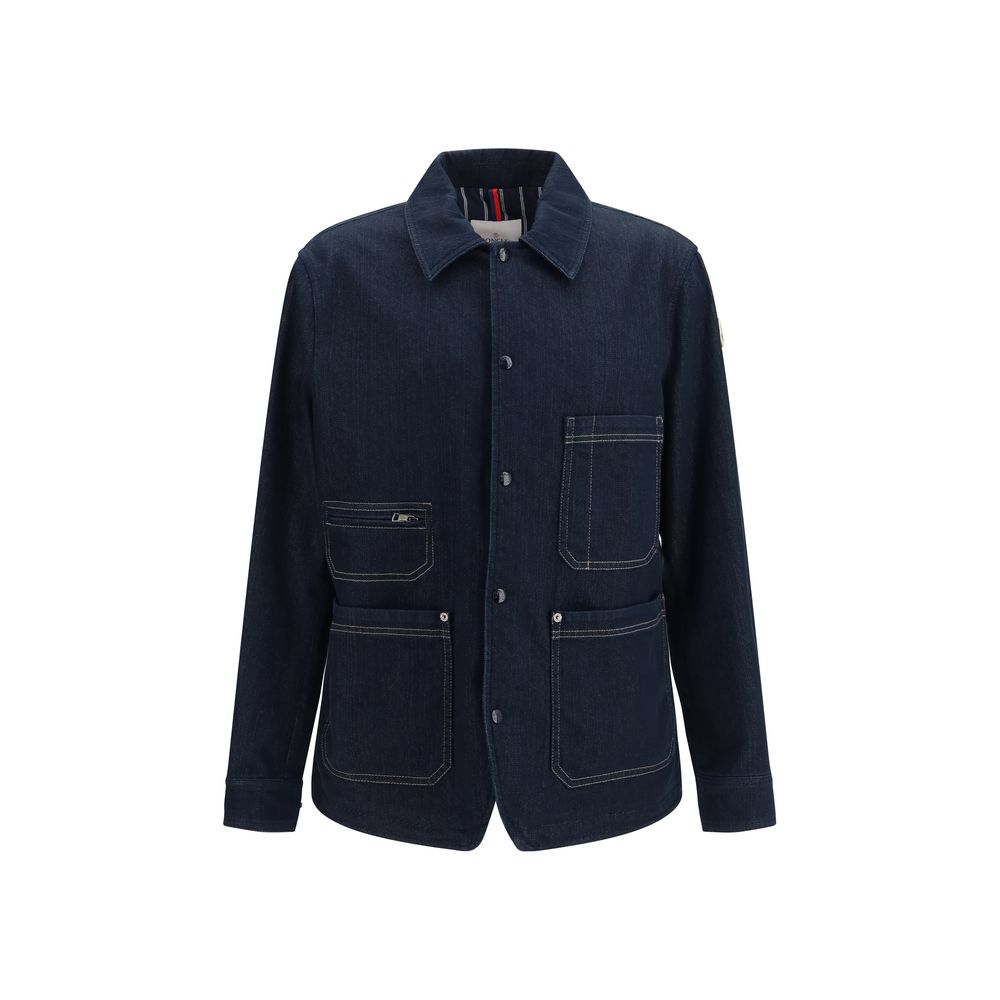 Trucker Jacket by Moncler for men in stretch denim cotton polyester blue, jacquard & signature features a city-ready silhouette, detailed with pockets and a city-ready .