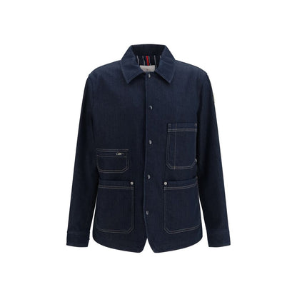Trucker Jacket by Moncler for men in stretch denim cotton polyester blue, jacquard & signature features a city-ready silhouette, detailed with pockets and a city-ready .