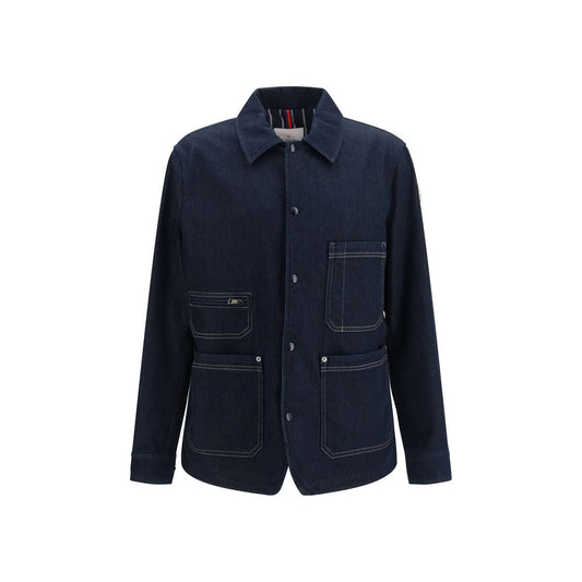 Moncler Men's Overshirt Stretch Denim Cotton Polyester Trucker Jacket - Blue Jacquard Signature