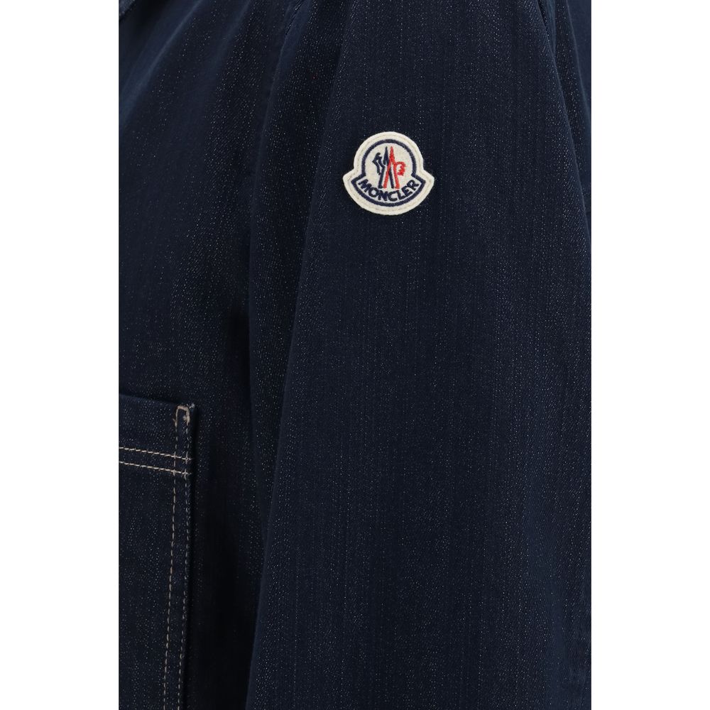 Trucker Jacket by Moncler for men in stretch denim cotton polyester blue, jacquard & signature showcases a bohemian silhouette, artfully detailed with a bohemian and signature pockets for a truly bohemian finish.